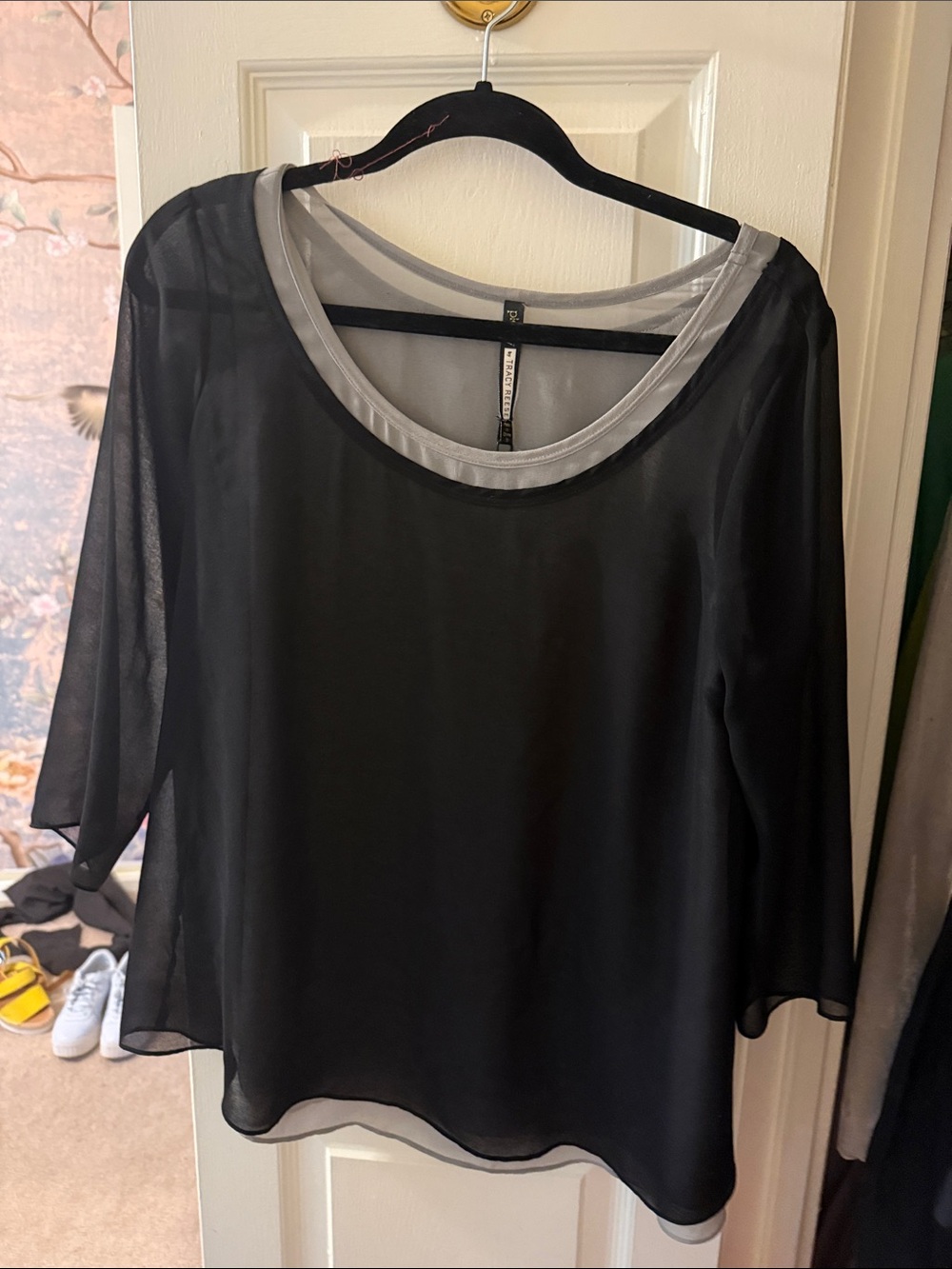 Tracy Reese Black Sheer Blouse with Grey Trim